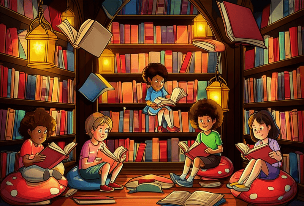 A cozy library with children reading
